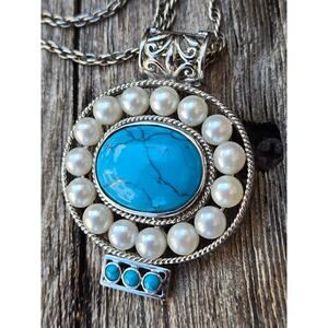 Vintage Sterling Silver Turquoise & Round Pearl Cluster Oval Pendant Necklace